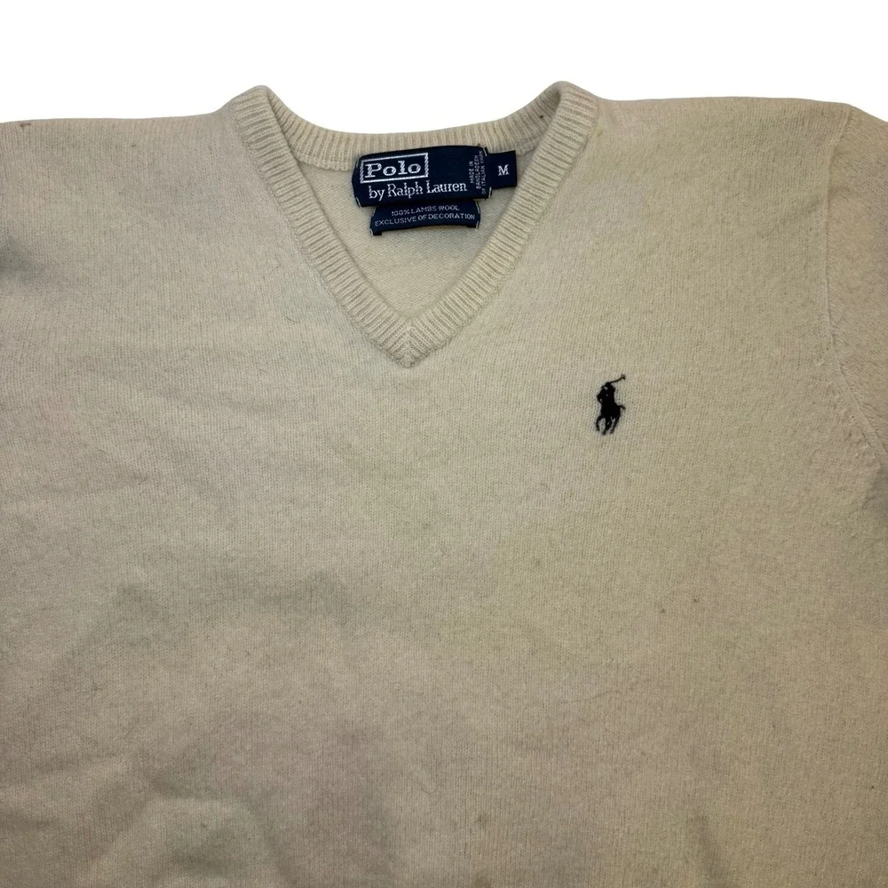 Polo Ralph Lauren V-Neck Sweater Mens M Cream Fair 100% Lambswool Knit Pullover